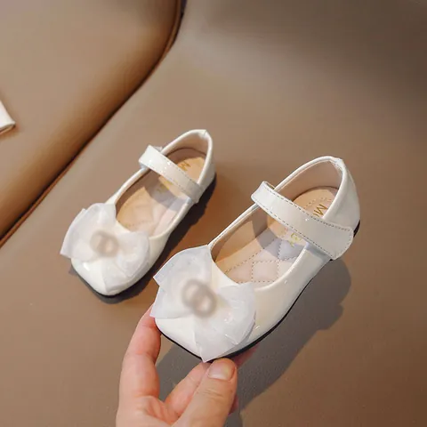Girls Mary Jane Shoes Patent PU Leather Soft Sole Princess Shoes With Mesh Bow Rhinestone Buckle For Toddler Kids