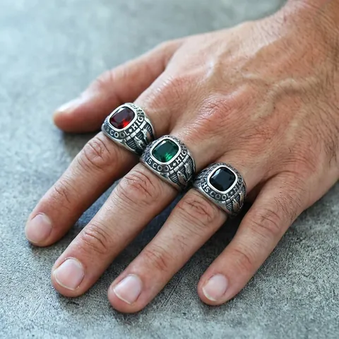 Vintage Stainless Steel Eagle Class Ring For Men Punk High School Graduation Jewelry Square Gemstone Inlaid Signet Ring