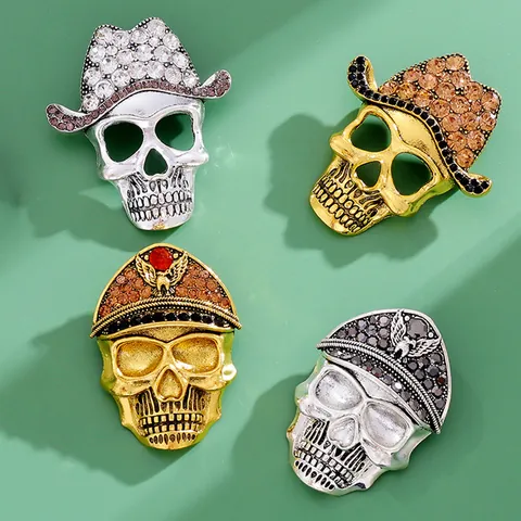 Vintage Alloy Rhinestone Skull Brooches With Crown Cowboy Military Hat Gothic Punk Skeleton Pins For Halloween Jewelry