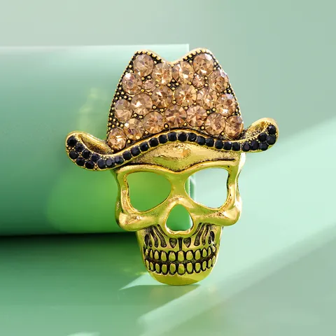 Vintage Alloy Rhinestone Skull Brooches With Crown Cowboy Military Hat Gothic Punk Skeleton Pins For Halloween Jewelry