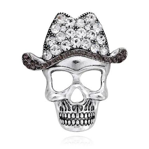 Halloween Skull Cowboy Hat Brooch Vintage Rhinestone Alloy Pin For Women Men Gothic Party Costume Accessories