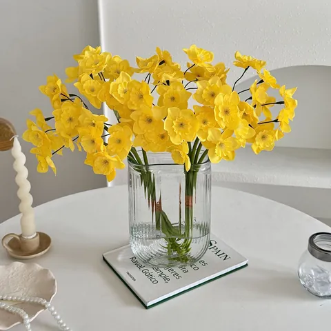 Artificial Daffodil Bouquet Realistic Satin Faux Flowers Hand-Tied Bundle For Home Wedding Table Decor Photography Props Floral Arrangement