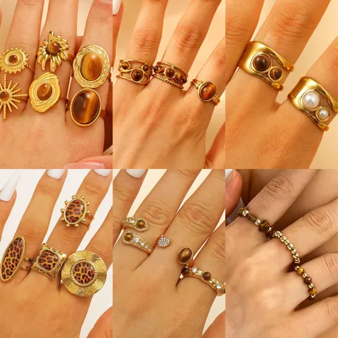 Vintage Zinc Alloy Tiger Eye Stone Rhinestone Rings For Women Gold Hammered Adjustable Bohemian Open Ring Set Fashion Jewelry Gift
