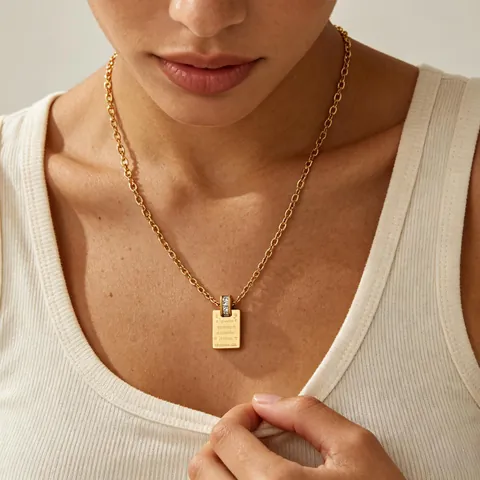 Minimalist Titanium Steel Pendant Necklace Destiny Soulmate Lettering Heart Rectangle Bar Zirconia Inlaid Jewelry For Women