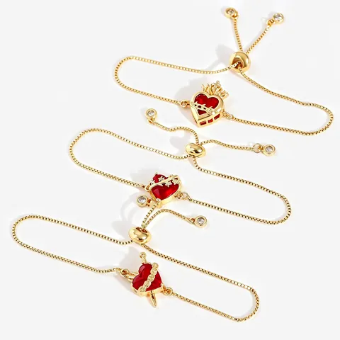Vintage Copper Sacred Heart Bracelet For Women Gold Plated Zirconia Red Heart Crown Sword Cross Adjustable Slider Bracelet Gothic Sweet Jewelry