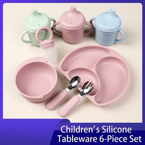 Silicone Baby Tableware Feeding Divided Plate Suction Bowl Sippy Cup Stainless Steel Fork Spoon Fruit Feeder BPA Free