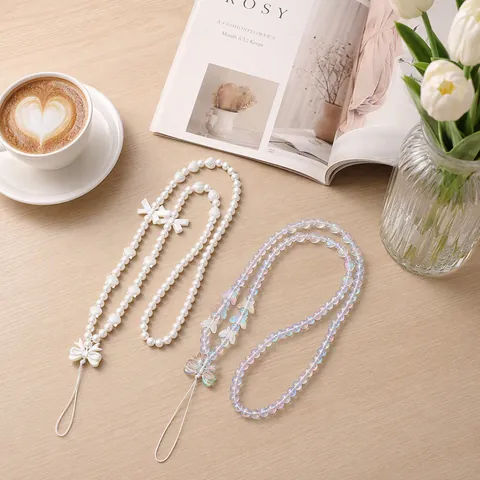 Artificial Pearl Bow Heart Beaded Phone Lanyard Strap For Women Sweet Shell Butterfly Anti-Drop Mobile Phone Neck Chain Accessories