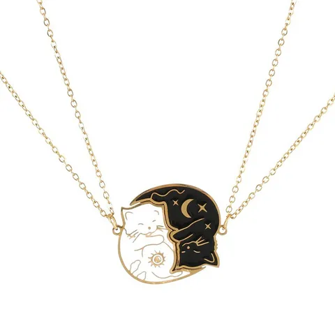 Collier Pendentif Chat Lune Soleil et Porte-Clés en Acier Inoxydable Émaillé Plaqué Or Bijoux pour Couple Cadeau Ami