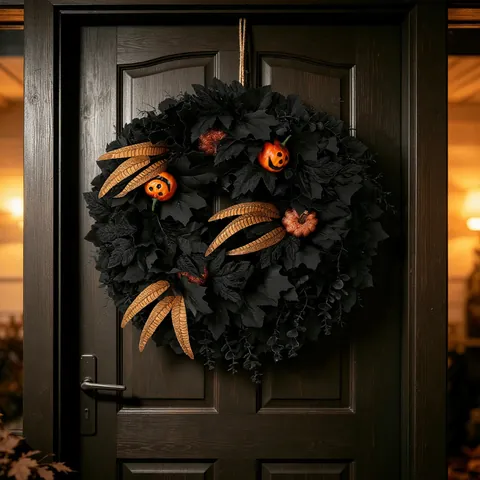 Halloween Black Maple Leaf Wreath With Orange Jack-o'-lantern Pumpkins And Gold Feathers For Front Door Party Wall Decor