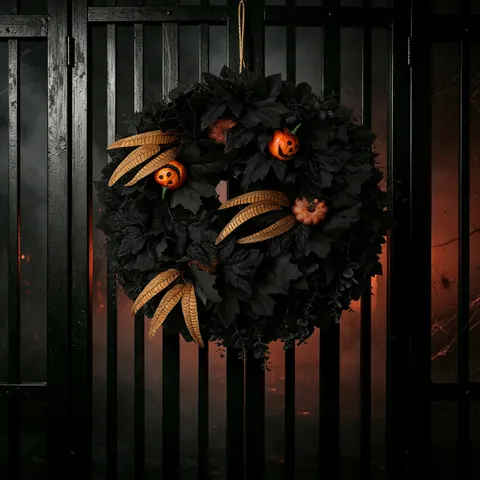Halloween Black Maple Leaf Wreath With Orange Jack-o'-lantern Pumpkins And Gold Feathers For Front Door Party Wall Decor