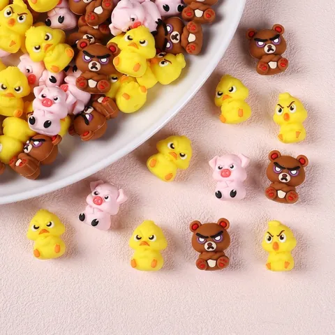 Perline in Silicone Alimentare 3D Animali Arrabbiati Cartoni Animati per Penna Fai da Te Massaggiagengive Creazione Gioielli Maiale Rosa Orso Marrone Anatra Gialla Pulcino Perline Artigianali