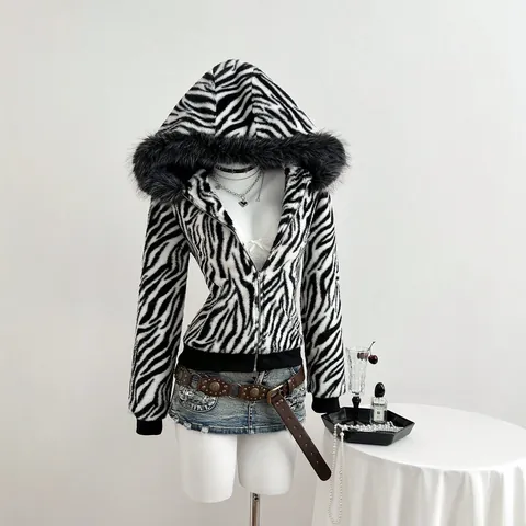 Women Casual Faux Fur Hooded Jacket Black White Zebra Print Long Sleeve Zip Up Fleece Coat Outerwear Top
