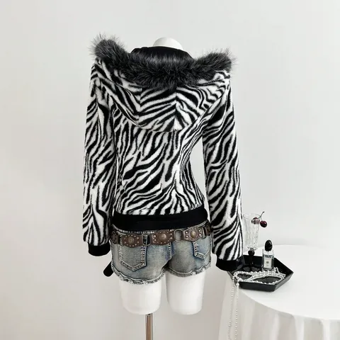 Women Casual Faux Fur Hooded Jacket Black White Zebra Print Long Sleeve Zip Up Fleece Coat Outerwear Top