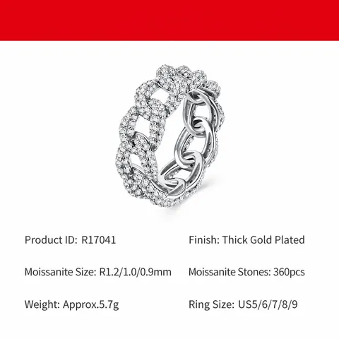 Bague Chaîne Cubaine en Moissanite en Argent Sterling 925 Serti Pavé Bague Géométrique Avec Certificat GRA Pour Femmes Bijoux de Mode