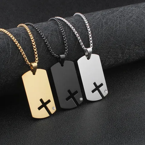 Hollow Cross Pendant Necklace Stainless Steel Dog Tag With Rhinestone Personalized Hip Hop Jewelry For Men Women