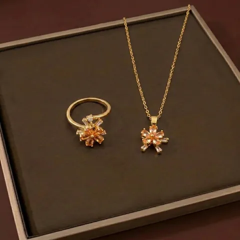 Luxury Flower Pendant Necklace And Rotating Ring Gold Plated Titanium Steel Zirconia Floral Jewelry For Women Banquet Gift
