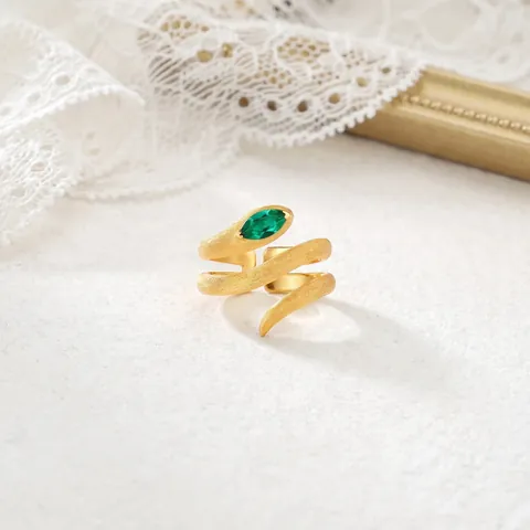 Anello Serpente in Argento Sterling 925 Vintage per Donna Placcato in Oro Spazzolato Anello Aperto Regolabile Con Smeraldo
