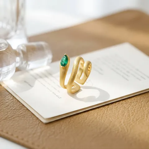Anello Serpente in Argento Sterling 925 Vintage per Donna Placcato in Oro Spazzolato Anello Aperto Regolabile Con Smeraldo
