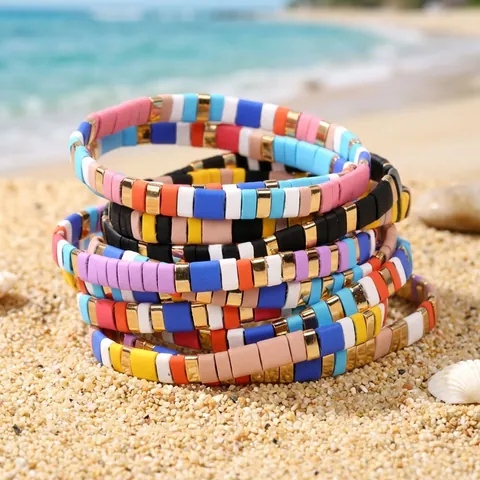 Bohemian Colorful Enamel Tila Beads Stretch Bracelet For Women Summer Beach Geometric Alloy Tile Bead Stacking Bangle Jewelry
