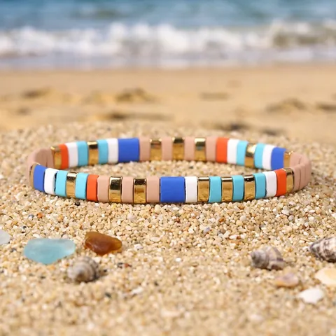 Bohemian Colorful Enamel Tila Beads Stretch Bracelet For Women Summer Beach Geometric Alloy Tile Bead Stacking Bangle Jewelry