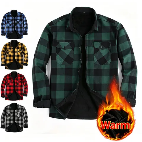 Camisa de Franela a Cuadros Cálida para Hombre Forro de Felpa Chaqueta de Camisa Casual de Manga Larga para Invierno