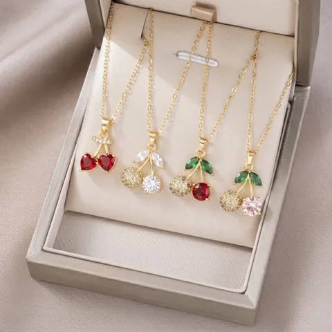 Fashion Titanium Steel Copper Cubic Zirconia Cherry Heart Pendant Necklace Sweet Minimalist Gold Silver Jewelry For Women