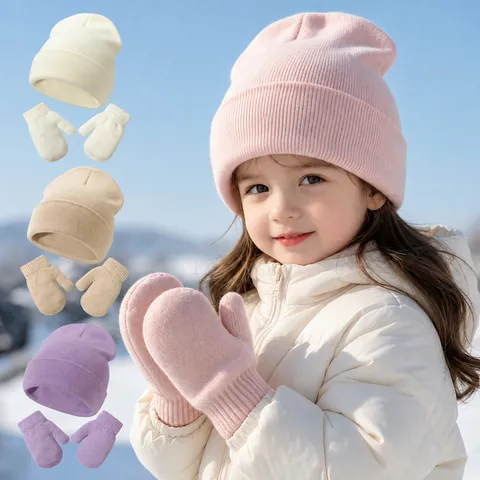 Baby Winter Knit Hat And Mittens Solid Color Warm Ribbed Beanie Pullover Cap For Infant Toddler Boys Girls Outdoor Soft Accessory