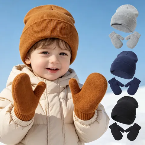 Baby Winter Knit Hat And Mittens Solid Color Warm Ribbed Beanie Pullover Cap For Infant Toddler Boys Girls Outdoor Soft Accessory
