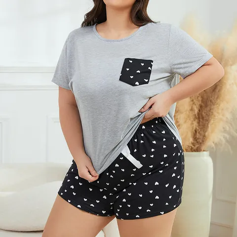 Women's Plus Size Pajama Set Heart Print Short Sleeve Top And Bottom Grey Black Summer Loungewear Breathable Sleepwear