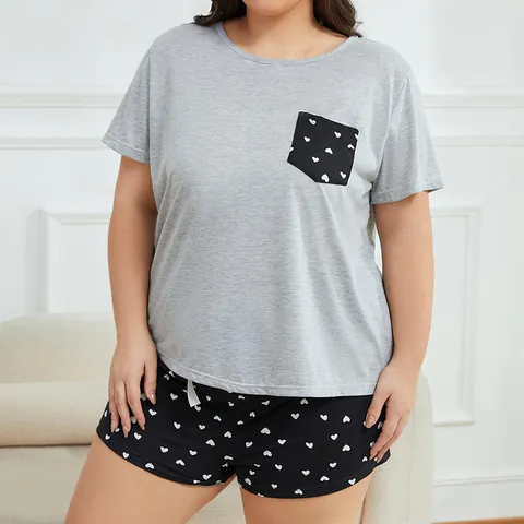 Women's Plus Size Pajama Set Heart Print Short Sleeve Top And Bottom Grey Black Summer Loungewear Breathable Sleepwear