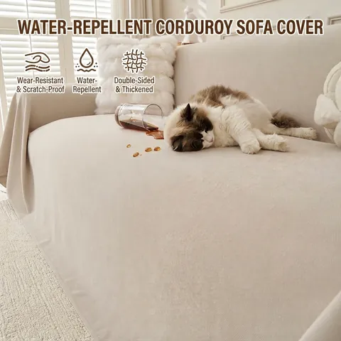 Thickened Corduroy Sofa Cover Anti-Cat Scratch Waterproof Sofa Towel Japanese Style Solid Color Jacquard Furniture Protector For Living Room