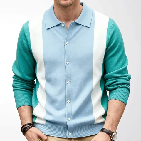 Men's Knit Long Sleeve Polo Cardigan Striped Color Block Button Down Business Casual Viscose Knitted Shirt Top
