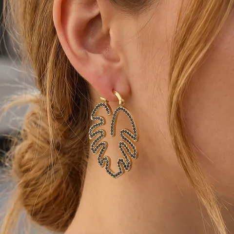 Monstera Leaf Hollow Copper Earrings For Women With Colorful Cubic Zirconia Tropical Plant Design Hoop Jewelry Accessories