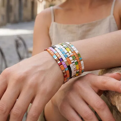Bohemian Colorful Tila Bead Bracelet For Women Summer Beach Vacation Enamel Tile Elastic Bracelet Handmade Ethnic Jewelry