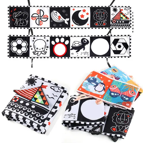 Polyester Baby Cloth Book Crib Bumper Toy With Safety Mirror Crinkle Paper Squeaker High Contrast Patterns Sensory Development