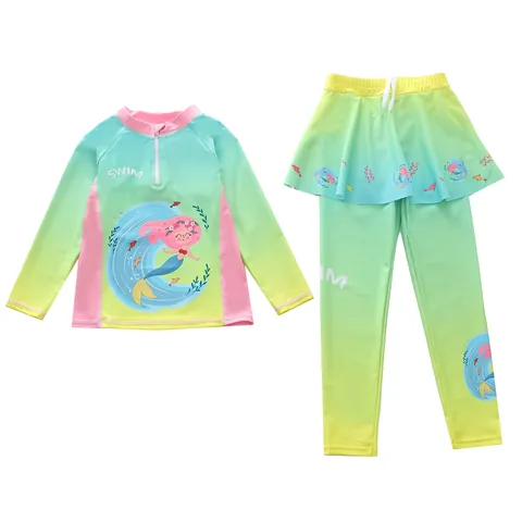 Mädchen Langarm Sonnenschutz Badebekleidung Geteiltes Meerjungfrau Druck Top Und Rockhose Kinder Badeanzug Rash Guard