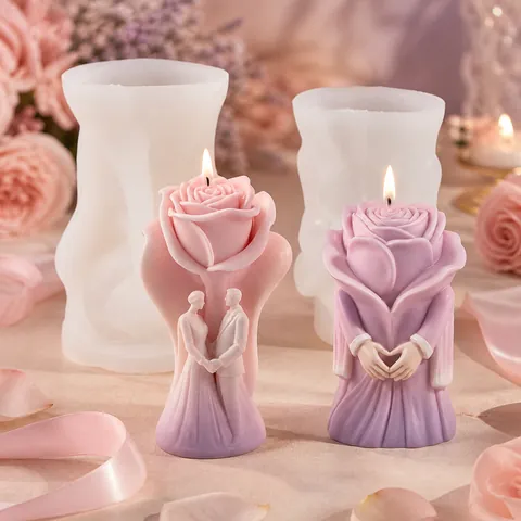 Silicone Candle Mold 3D Rose Flower Wedding Couple Design DIY Handmade Aromatherapy Plaster Craft Tool Romantic Gift