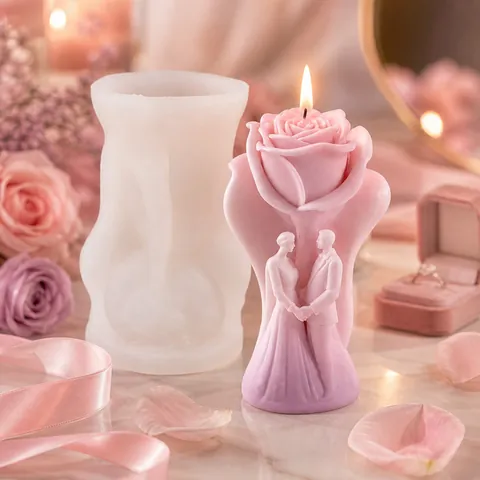 Silicone Candle Mold 3D Rose Flower Wedding Couple Design DIY Handmade Aromatherapy Plaster Craft Tool Romantic Gift