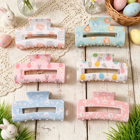 Easter Hair Claw Clip Plastic Cartoon Rabbit Colorful Egg Floral Rectangular Large Nonslip Accessory For Women Girls