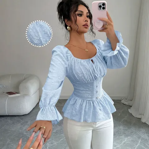 Blusa Elegante Francesa Rosa Jacquard con Volantes para Mujer Cuello Cuadrado con Lazo Botones de Perlas Artificiales Manga Larga de Linterna Top Dulce