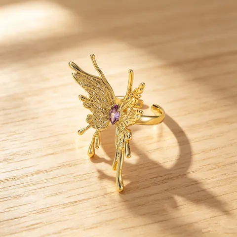 Designer Vergoldet Messing Schmetterling Blume Offen Einstellbar Ring Mode Lila Zirkonia Fingerring Für Damen Bankett Party Schmuck