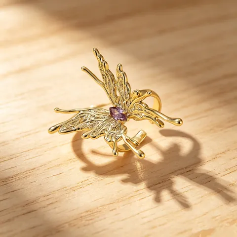 Designer Vergoldet Messing Schmetterling Blume Offen Einstellbar Ring Mode Lila Zirkonia Fingerring Für Damen Bankett Party Schmuck