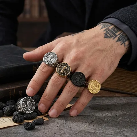 Retro Saint Benedict Medal Signet Ring Titanium Steel Punk Religious Cross Jewelry For Men Hip Hop Style Finger Ring