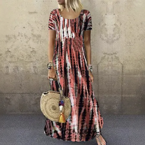 Abito Maxi da Donna Casual Stampa Tie-Dye Estivo Girocollo Manica Corta Ampio Taglie Forti Bohemian Vacanza