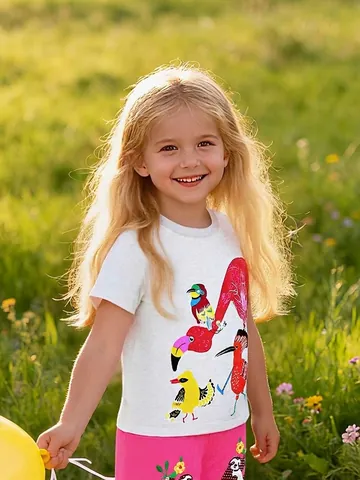 Girls Summer Cotton Short Sleeve T-Shirt Tropical Bird Flamingo Print Casual Round Neck Top For Kids 2-7 Years