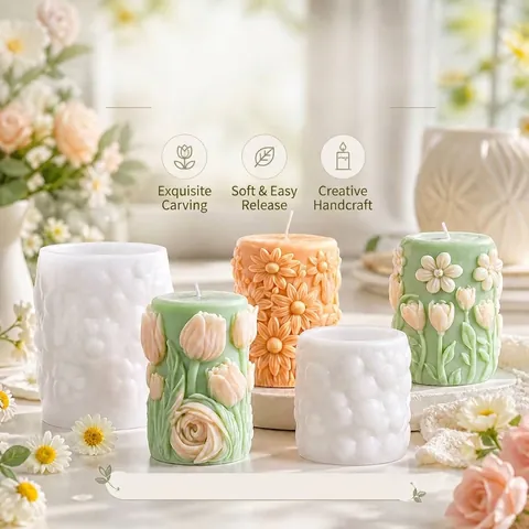Flower Pillar Candle Silicone Mold 3D Relief Floral Embossed Rose Tulip Daisy Texture DIY Aromatherapy Plaster Craft