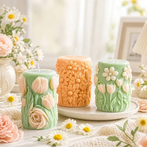 Flower Pillar Candle Silicone Mold 3D Relief Floral Embossed Rose Tulip Daisy Texture DIY Aromatherapy Plaster Craft