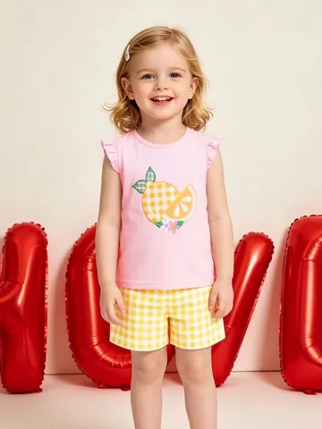 Conjunto de Ropa de Verano para Niñas Algodón Manga Corta Rosa Bordado Limón Top Pantalones Cortos Gingham Amarillos Dos Piezas