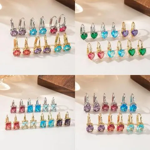 Vintage Elegant Copper Zirconia Leverback Earrings Gold Silver Plated Oval Round Square Heart Shape Colorful Gemstone Dangle Earrings For Women Jewelry