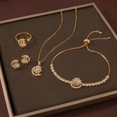 Luxury Rotating Flower Sun Moon Star Titanium Steel Zirconia Necklace Earring Ring Bracelet For Women Elegant Jewelry Set